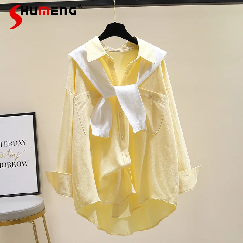 

Весна-Осень 2021, белая женская рубашка из двух частей, новая модная свободная желтая женская блуза, Повседневная Солнцезащитная модная однот...