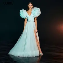 Lorie hortelã verde tule uma linha longo vestidos de baile babados em camadas mangas v pescoço fenda longo vestidos de noite 2021 moda formal vestido (1)