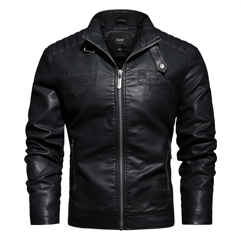 

Fashion High-quality Men's PU Leather Jacket Black Warm Plus Velvet Embroidery Patch Motorcycle Jacket Men Brand Clothing L-3XL