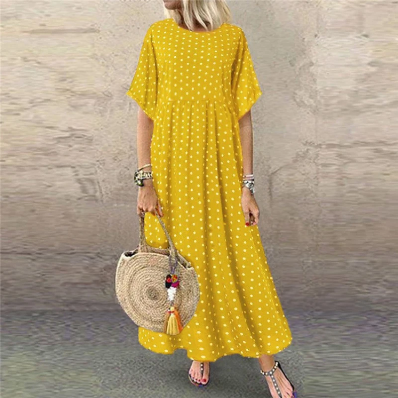 

Long Boho Short Sleeve Vintage Dress Women Summer Trendyol Elegan Dot Folds Loose Yellow Casual Maxi Dresses For Women Party