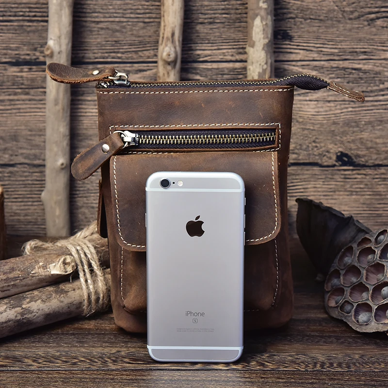 Мужская поясная сумка из натуральной кожи для телефона дорожная маленькая на