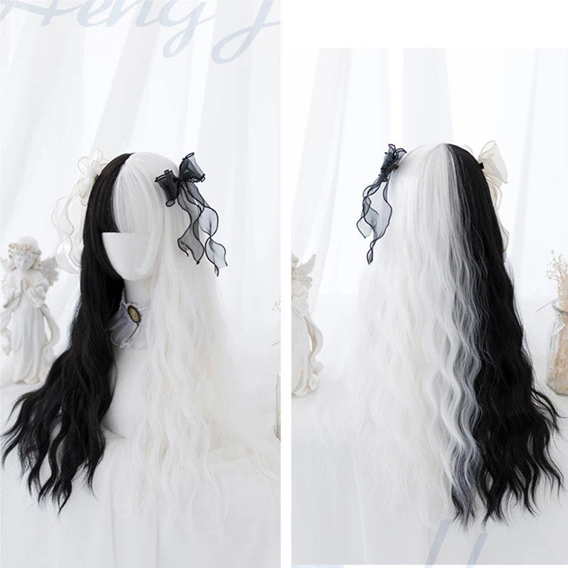 

Парик для косплея Лолиты с прямыми волнами, бело-черные кудрявые волосы, украшение для волос для девочки, без банта, 80 см