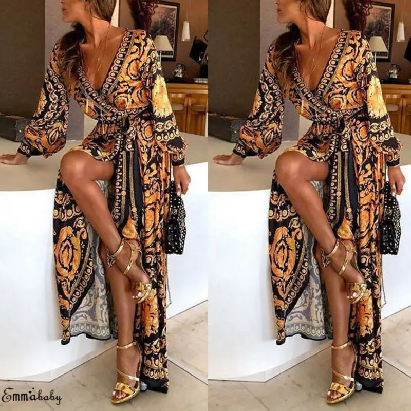 Женское длинное винтажное платье с цветочным принтом разрезом и длинным