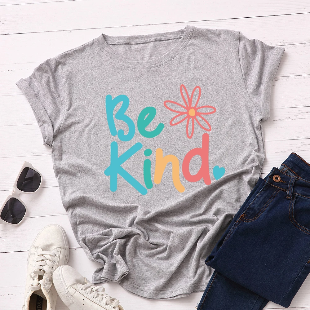 

Women Short Sleeve Cotton T-Shirts Graphic Tees Summer Tee Tops for Female Loose Casual Oversized Tee Clothes Be Kind Love Heart