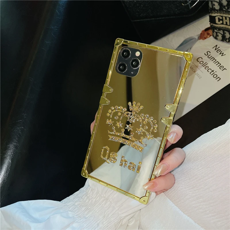 luxury golden square mirror phone case for iphone 12 13 11 pro xs max xr x 7 8 plus new hot crown fashion cover coque for women free global shipping