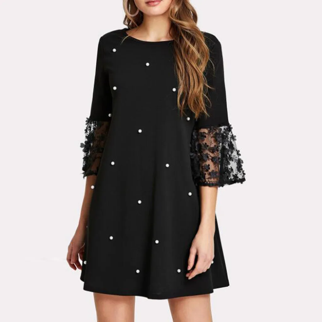 Summer Dresses Women 2021 Fashion Women Sexy Wave Solid Point O-neck Spliced Hollow Out Long Sleeve Temperament Dress Casual