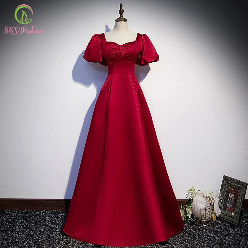 

SSYFashion Wine Red Satin Evening Dress Elegant Square Collar Simple Puff Sleeve A-line Long Party Formal Gown Vestidos De Noche