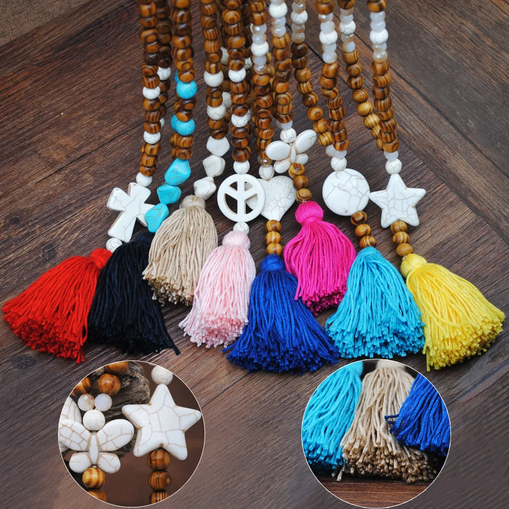 Разноцветное винтажный этнический богемный ожерелье с кисточками и деревянной