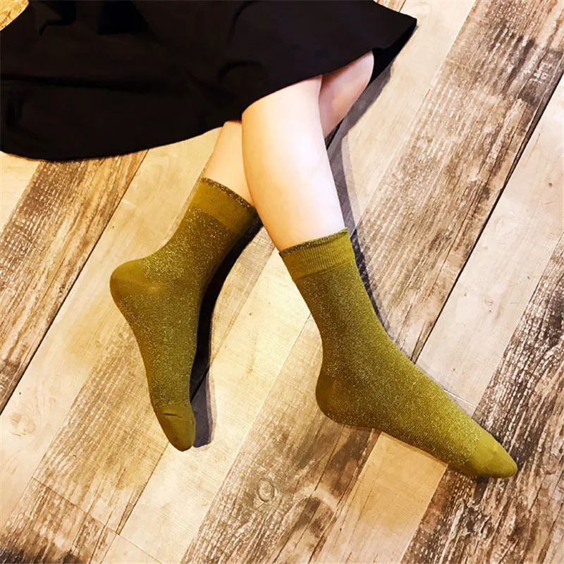 Glitter Gold Silver Lurex Ankle Socks for Women Metallic Cotton Socks Pink Socks Shining Crew Winter Sock 5 Pairs/Lot