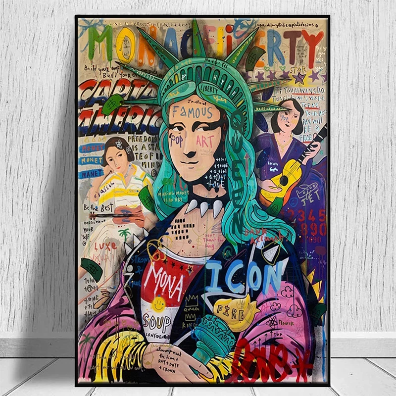 

Mona Lisa Statue of Liberty Poster Graffiti Canvas Murals and Prints Retro Living Room Decoration Picture Cuadros
