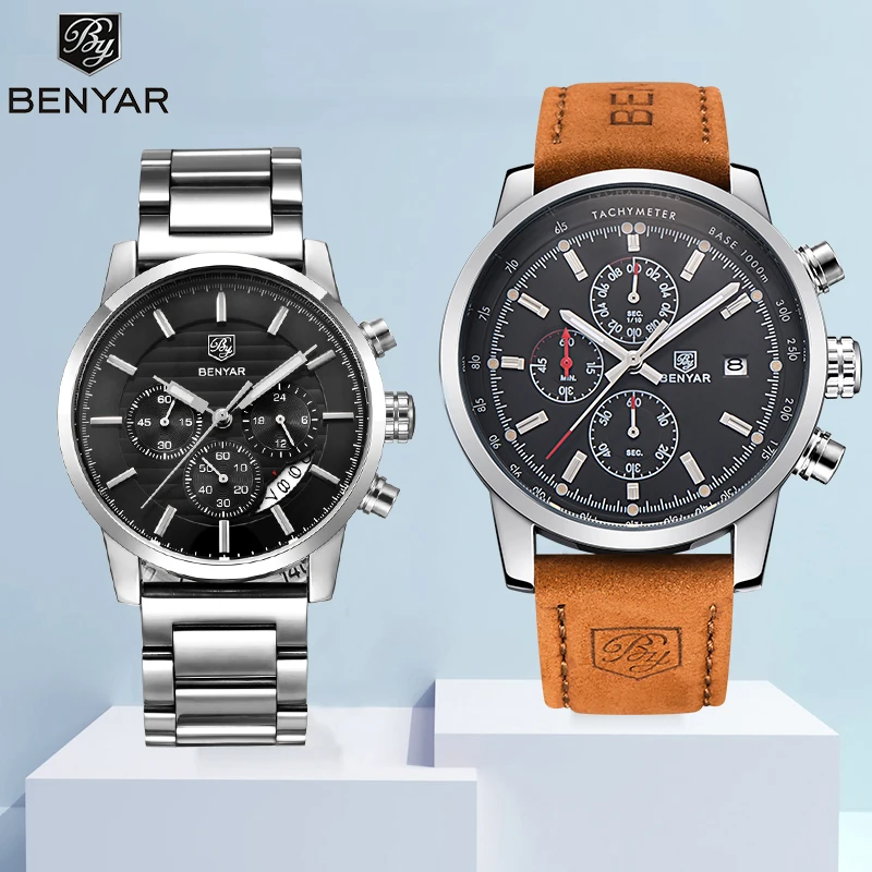Часы мужские Reloj Hombre BENYAR часы Мужские кварцевые Хронограф Спортивные часы лучший бренд Модные кожаные мужские часы