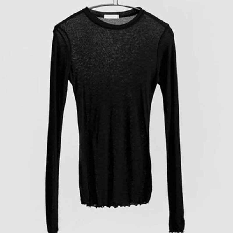 

High Quality Plain T Shirt Women Cotton Elastic Basic T-shirts Female Casual Tops Long Sleeve Sexy Thin T-shirt see through Best