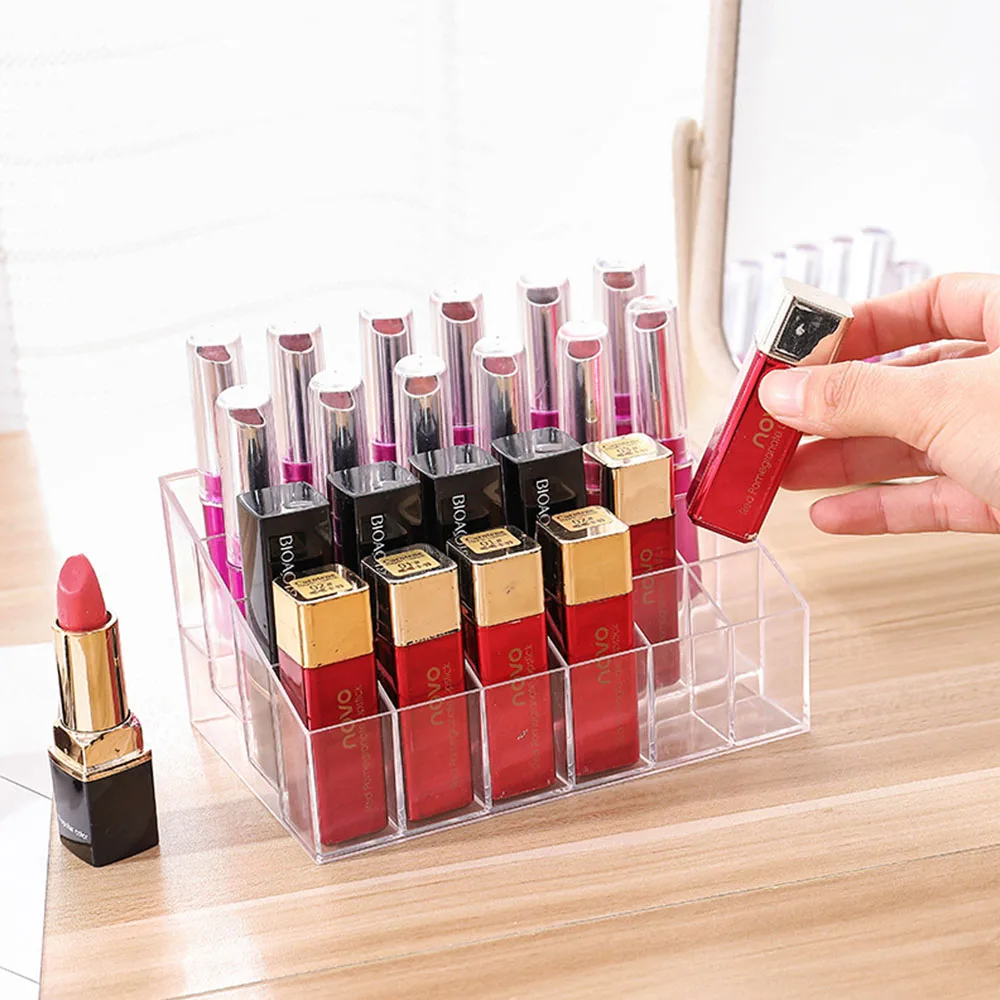 

24 Lattice Trapezoid Plastic Transparent Makeup Display Rack Lipstick Stand Rack Cosmetic Organizer Holder Box High Quality