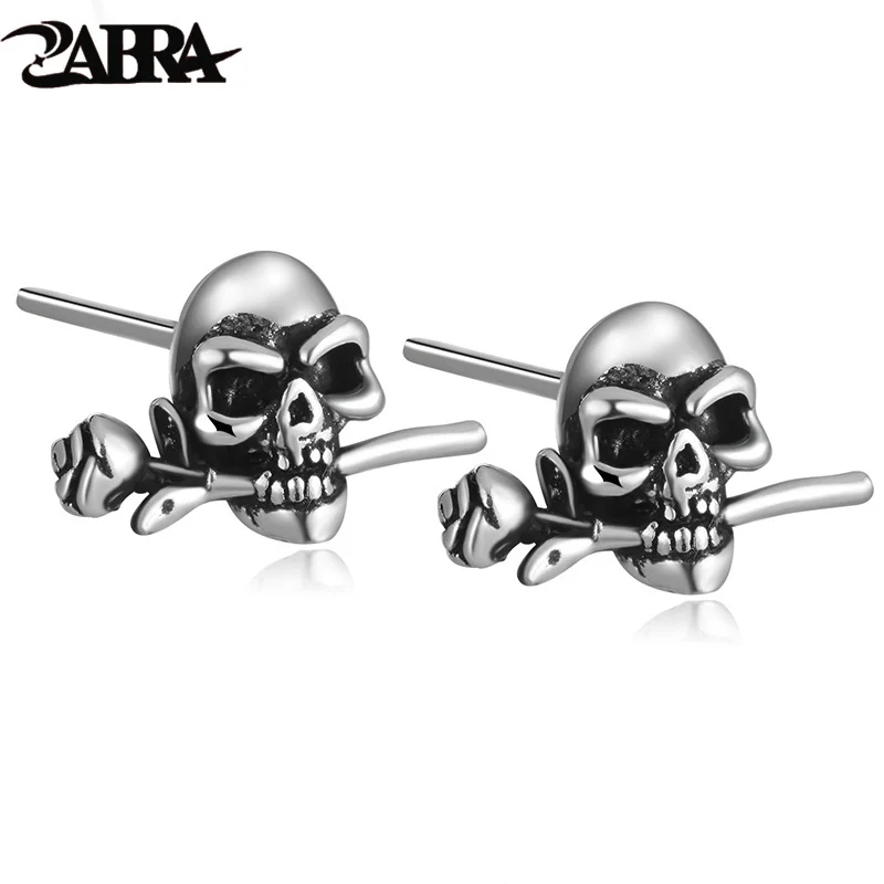 

ZABRA 925 Sterling Silver Skull Rose Studs Steampunk Men Women Earrings Rock Biker Man Vintage Earring Male Black Jewelry