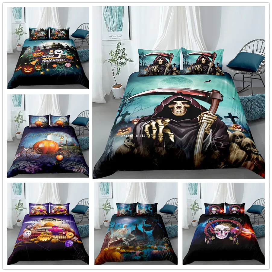 

3D Skeleton Reaper 3D Print Bedding Set Fashion Halloween Pattern Down Quilts Pillowcase King Queen Large Size Home Textile