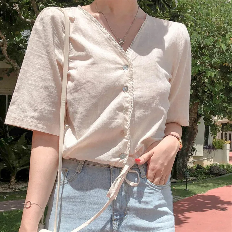 Повседневные женские топы с коротким рукавом кружевная рубашка вышивкой льняная