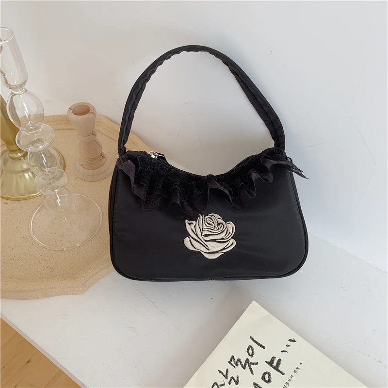 

Vintage Embroidery Flower Women Handbags Nylon Ladies Small Shoulder Bags Fashion Lace Girls Hobos Baguette Underarm Bag Purse
