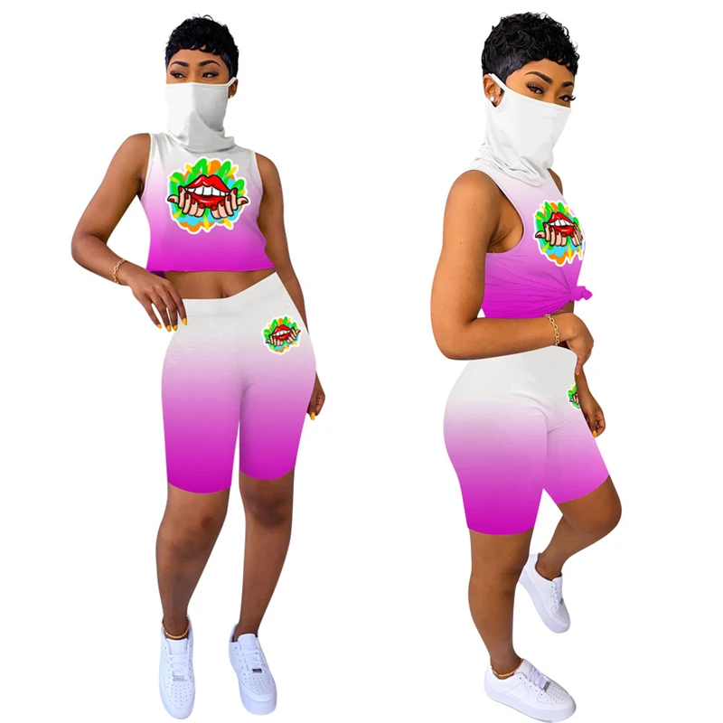 Neon Color 2 Piece Set Work Out Mask One Crop Tank Top Skinny Biker Shorts 2020 Summer Women Matching Tracksuit |