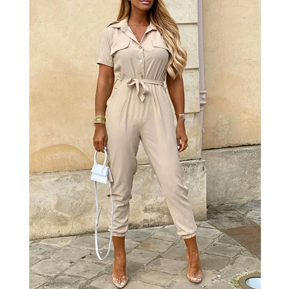 

Summer Women Vertical stripes Jumpsuit Casual lapel buttoned printed belt overalls One- piece Female Straight-leg pants XXXL