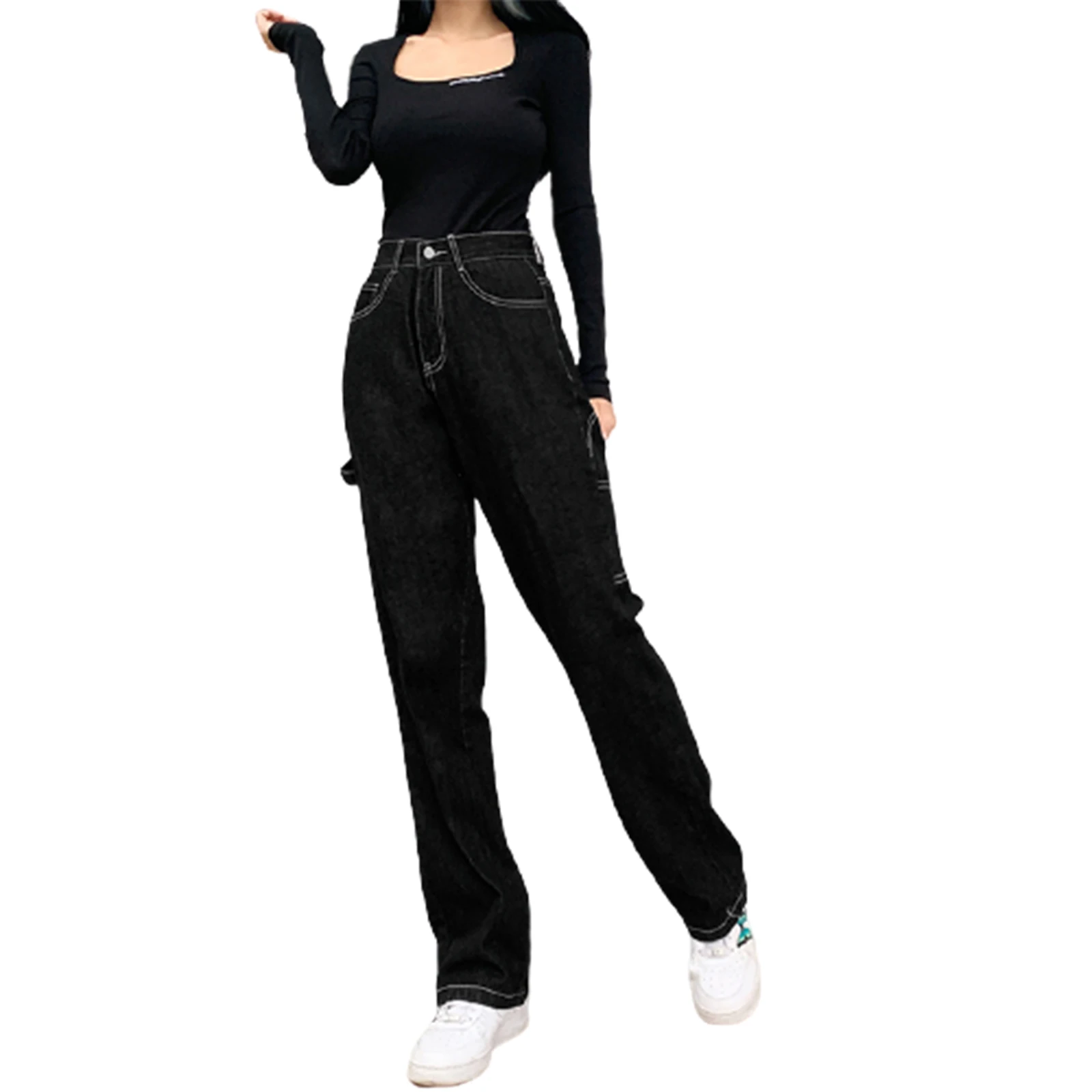 

2021 New Women Straight Wide Leg Jeans, Hip Hop Style High Waist Loose Fit Denim Pants with Straps Fashion All-match