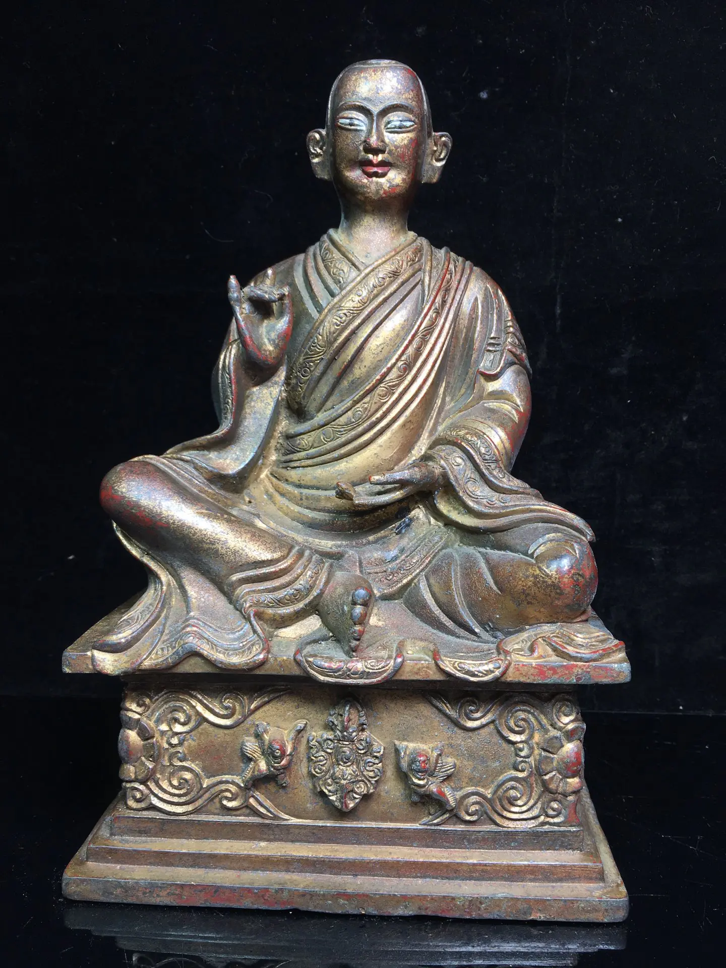 

10"Tibet Temple Collection Old Bronze Cinnabar Lacquer Guru Buddha Statue Buddhist teacher Amitabha Enshrine the Buddha