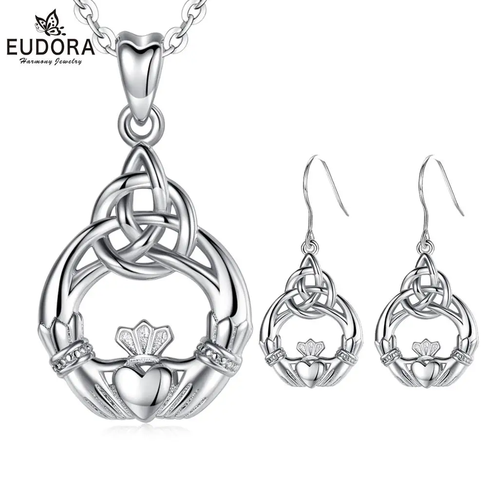 

EUDORA 925 Sterling Silver Good Luck Irish Claddagh Celtic Knot Love Pendant Necklace Earrings Jewelry Sets for Women Party Gift