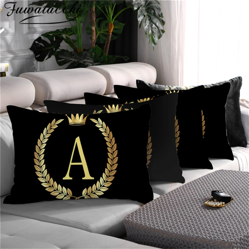 

Fuwatacchi Black Rectangle Cushion Covers Crown Printed A-Z Alphabet Pillowcases for Home Sofa Decorative Pillow Covers 30*50cm