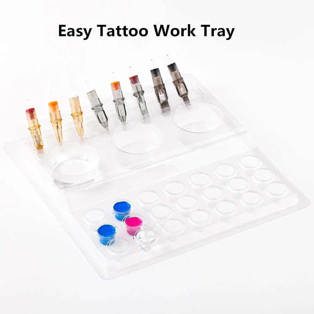 

EZ Easy Disposable Plastic Tattoo Work Tray combine rinse cups& ink caps & cartridge slot holds 20 tray
