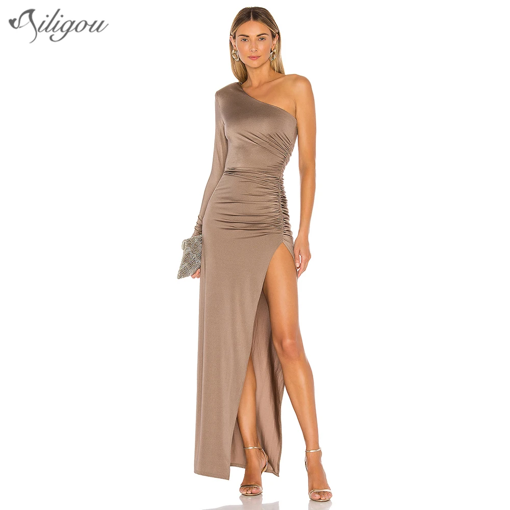 

Ailigou 2022 New Female Fashion Brown One-Shoulder Long-Sleeved Pleated Long Satin High Slit Tight Sexy Party Dress Vestidos