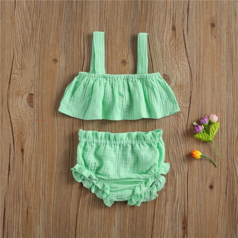 

Girls Outfit Set Sleeveless Solid Color Crop Top+Shorts Set for Kids Girls Baby Girls 2-piece Clothing Summer Ruffle Costume