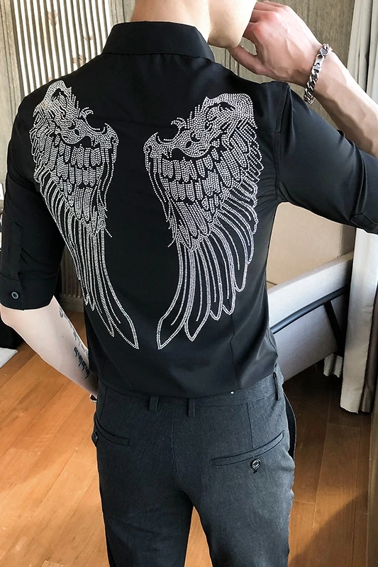 

2021 Summer Men Shirts Rhinestone Wing Short Sleeve Casual Slim Dress Shirts Streetwear Social Tops Camisa Masculina Black White