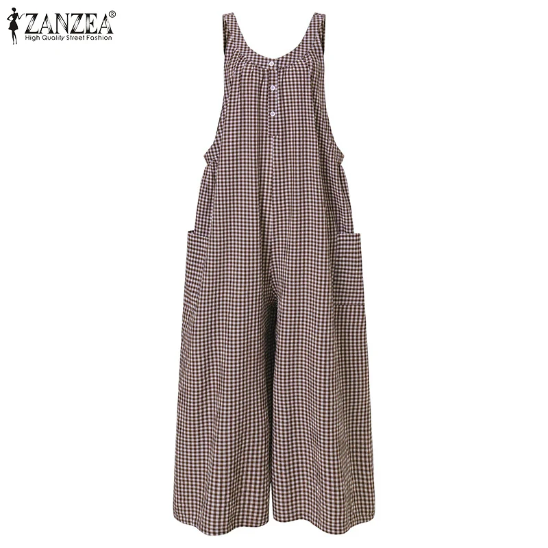 

ZANZEA Fashion Plaid Check Playsuits Womens 2021 Summer Jumpsuits Casual Wide Leg Overalls Lady Loose Sleeveless Romper Oversize