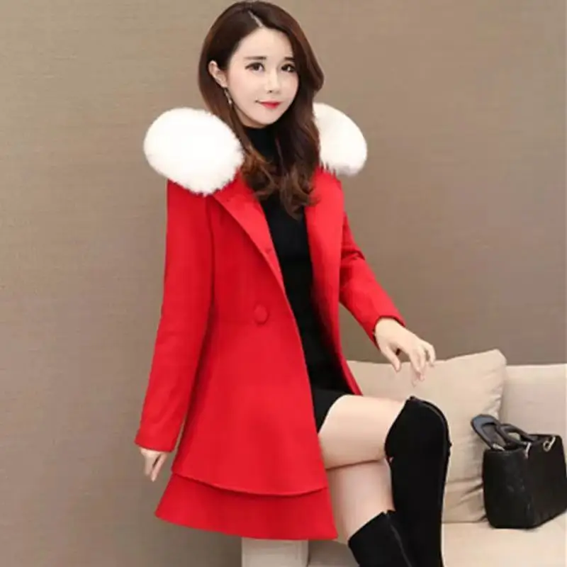 

Elegant Ruffles A-Line Wool Coats Women Fur Collar Blends Overcoat Bow Tie Plus Size Autumn Winter Ladies Skirt Jackets Female