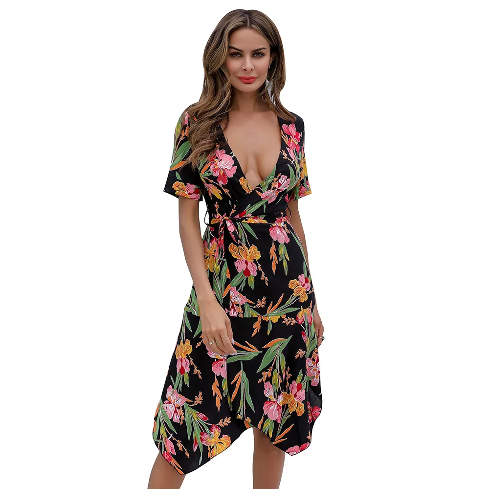 

Donsignet New Fashion Sexy Summer Women for Dress Print Strappy Beach Dress Women V-neck Irregular Holiday Elegant Dress