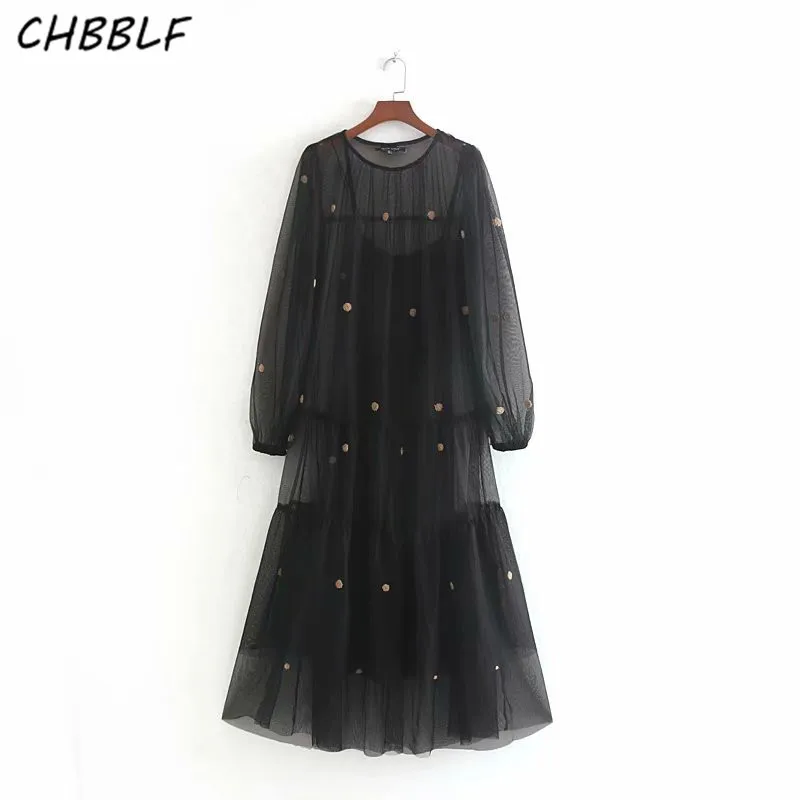 Женское фатиновое платье CHBBLF черное винтажное Повседневное с длинными рукавами
