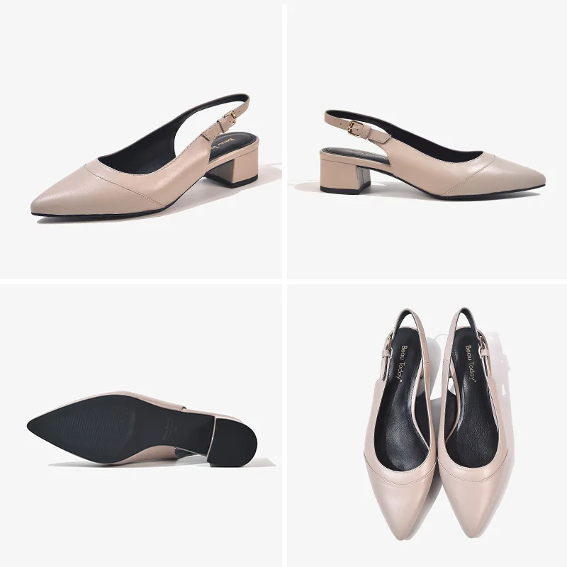 

BeauToday Sandals Women Sheepskin Genuine Leather Slingback Buckle Strap Pointed Toe Summer Ladies Med Heel Shoes Handmade 31129
