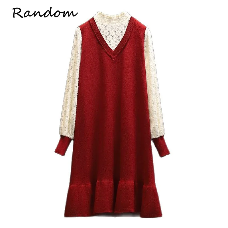 

Women Knitted Sweater 2021 New Winter Sweet Cute Party Dress Long Sleeve Lace Hollow Out Ladies Loose Mermaid Dresses Clothes