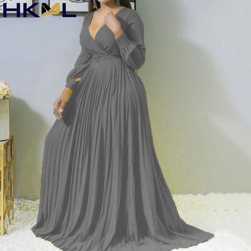 

2021 Женские повседневные Свободные плиссированные Расклешенные платья макси с V-образным вырезом, желтое осеннее платье с высокой талией и д...