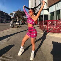 plaid print sexy two piece set one shoulder long sleeve crop top skirt matching sets club outfits spring 2021