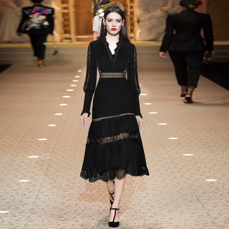 

Женское платье с юбкой годе, подиумное винтажное платье с V-образным вырезом и рукавами-фонариками, длинное розовое кружевное платье в стиле...