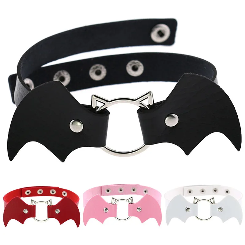 

2021 Vintage Punk Gothic Harajuku Cosplay Black White PU Leather Bat Choker Necklace For Women Men Statement Necklaces Jewelry