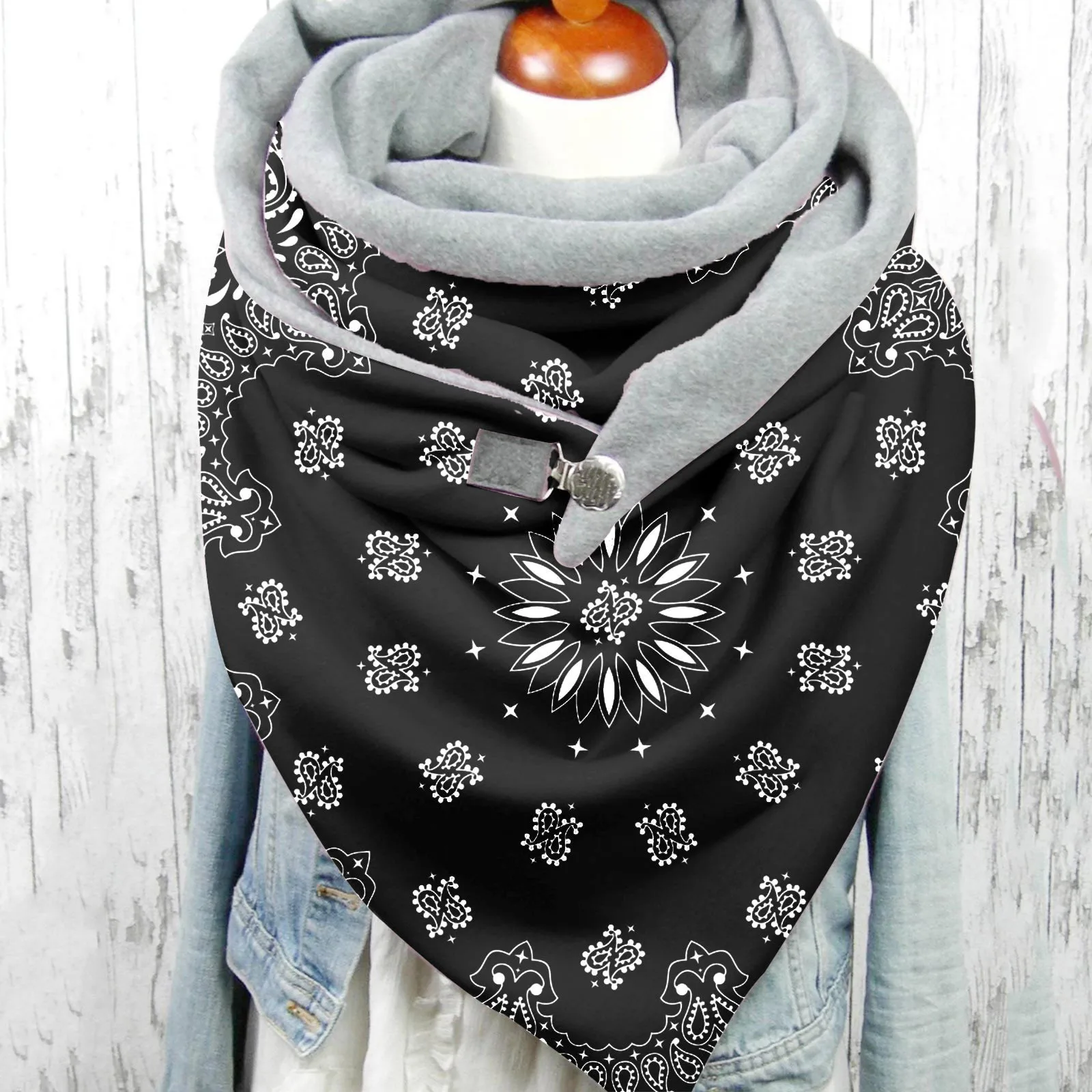 

Fashion Winter Women Black Paisley Print solid color shawls Button Soft Wrap Cycling Motocycle Neckchief Casual Warm Scarves
