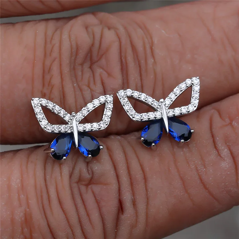 

Cute Female Purple Blue Zircon Earrings Luxury Silver Color Wedding Jewelry Charm Crystal Butterfly Stud Earrings For Women