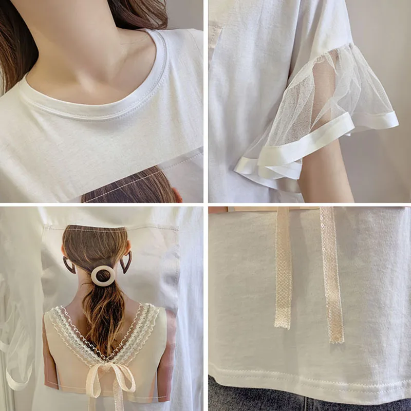 

Womens Summer New T Shirt Girl Korean Loose Crew neck Spelling Net Yarn Short Sleeve T Shirt Female Casual printing Shirt Tee