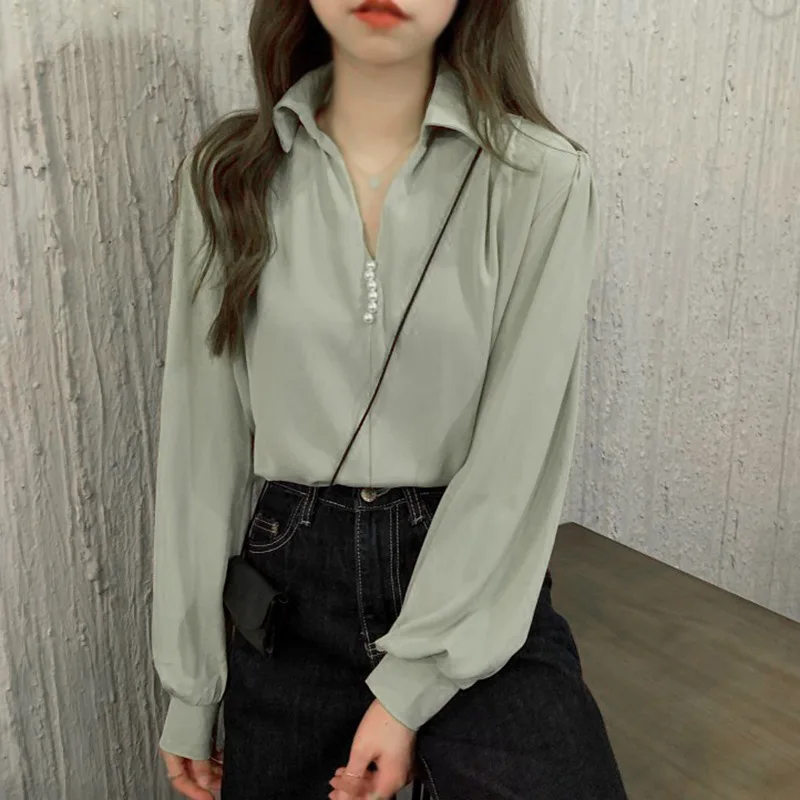 

Spring Autumn Solid Color Long Sleeve Lapel Shirt Tops Fashion Temperament Beading Women's Blouse