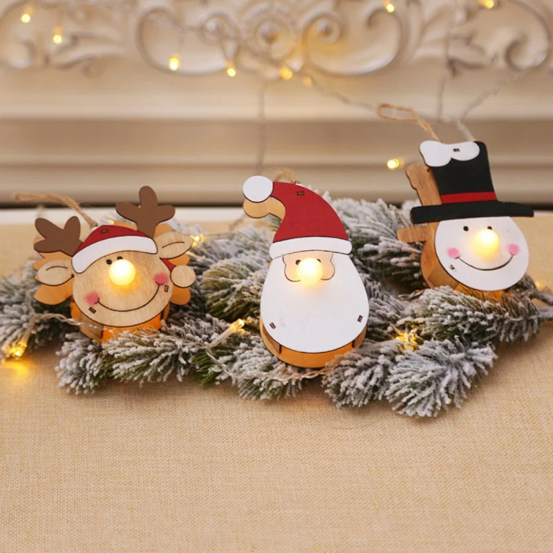 

Zz- Christmas Light Up Wooden Doll Ornaments Christmas Tree Decoration Santa Snowman Reindeer Hanging Glowing Pendant Party