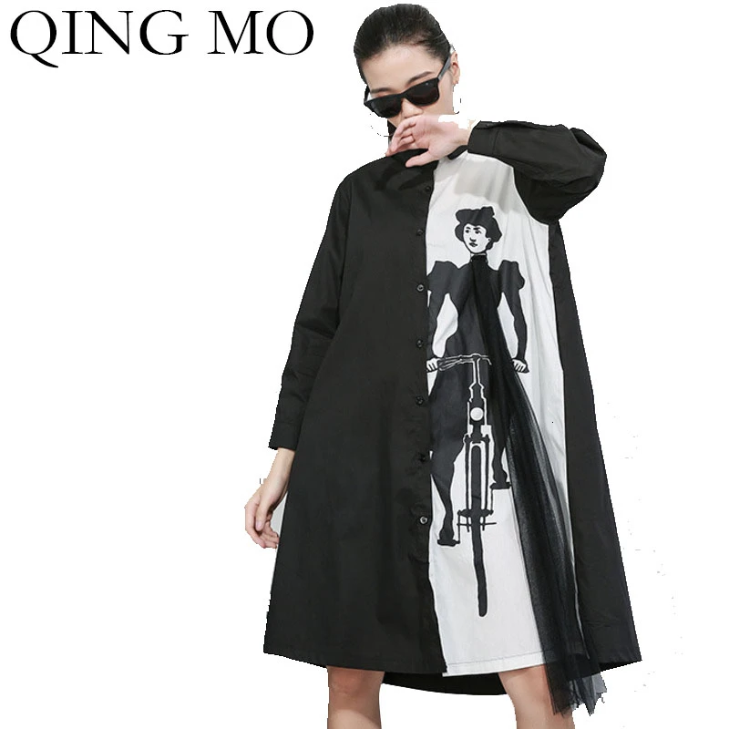 Женская черная блузка составного кроя QING MO цветная с принтом персонажа Кардиган