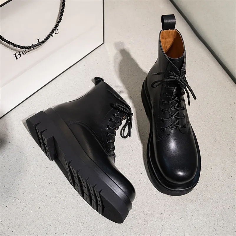 

ANNYMOLI Women Motorcycle Boots Shoes Genuine Leather Platform Thick Heels Short Boots Lace Up High Heel Ankle Boots Black Brown
