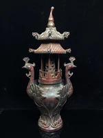 17chinese folk collection old bronze cinnabar lacquer peacock head binaural pagoda incense burner ornaments town house exorcism