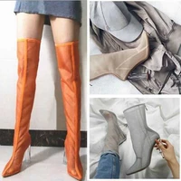 transparent crystal thick heeled shoes breathable mesh back zipper pointed cool boots sexy high heeled catwalk net boots female